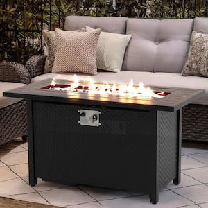 45 in. Black Rectangle Metal Outdoor Fire Pit Table with Glass Wind Guard, 50000 BTU