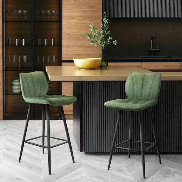 2-Piece Faux Leather 37.75 in. Bar Chair in Green with Metal Legs