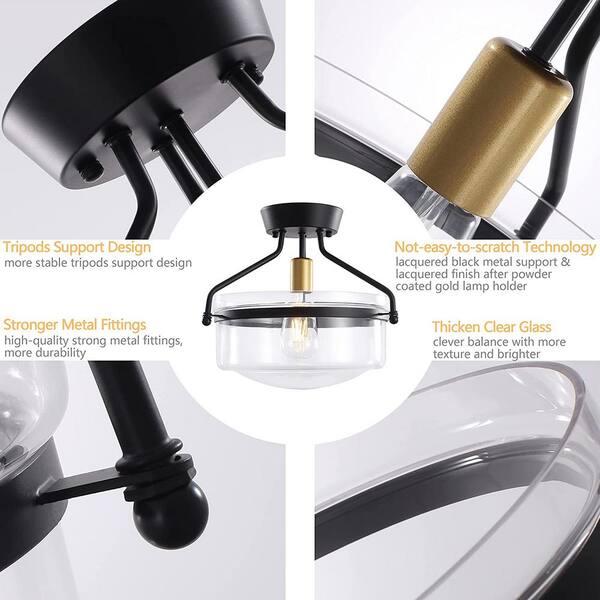 LWYTJO 13 in. 1 Light Black Dimmable Semi-Flush Mount with