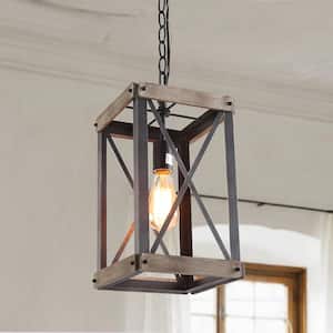 Black Rustic Wood Cage Pendant Light 1-Light Farmhouse Lantern Kitchen Island Pendant Lighting