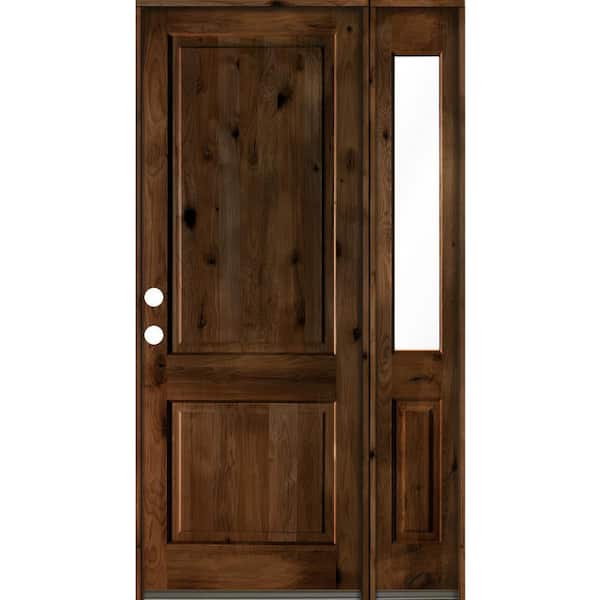Krosswood Doors 56 in. x 96 in. knotty alder Right-Hand/Inswing Clear Glass Provincial Stain Square Top Wood Prehung Front Door w/RHSL