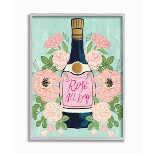 "Rose All Day Phrase Floral Wine Bottle Pink Green" by Joy Ting Framed Drink Wall Art Print 16 in. x 20 in.