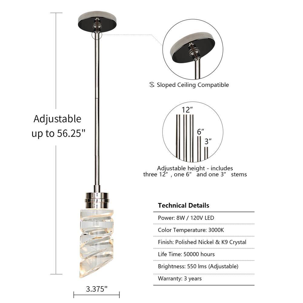 Elegant Mini LED Crystal Pendant Light in Polished Nickel