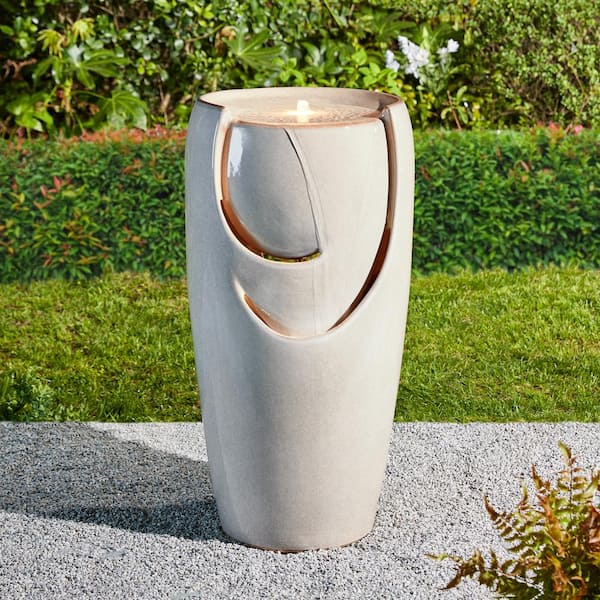 Glitzhome 29.25 in. H Oversized Sand Beige Ceramic Pot Fountain with Pump and LED Light