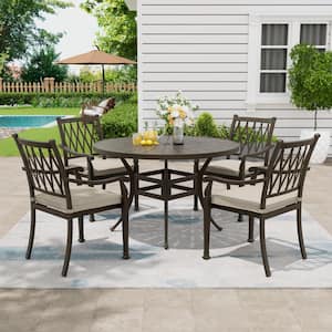 5-Piece Brown Cast Aluminum Round Table 48 in. W Outdoor Dining Set with Beige Cushion, 4 Dining Chairs for Yard(Seat 4)