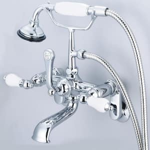 3-Handle Vintage Claw Foot Tub Faucet with Hand Shower and Porcelain Lever Handles in Triple Plated Chrome