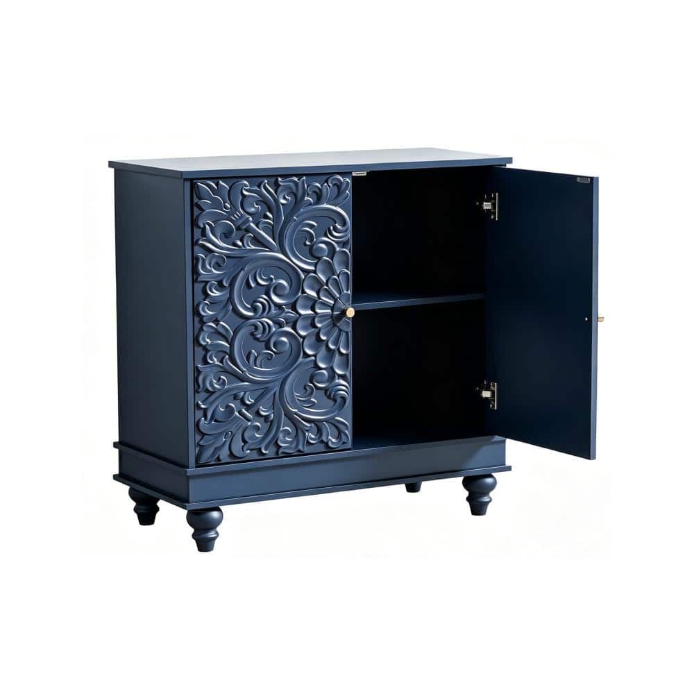31.73 in.W Buffet Cabinet with Carved Doors, Blue MDF Sideboard Storage for Kitchen & Dining Room