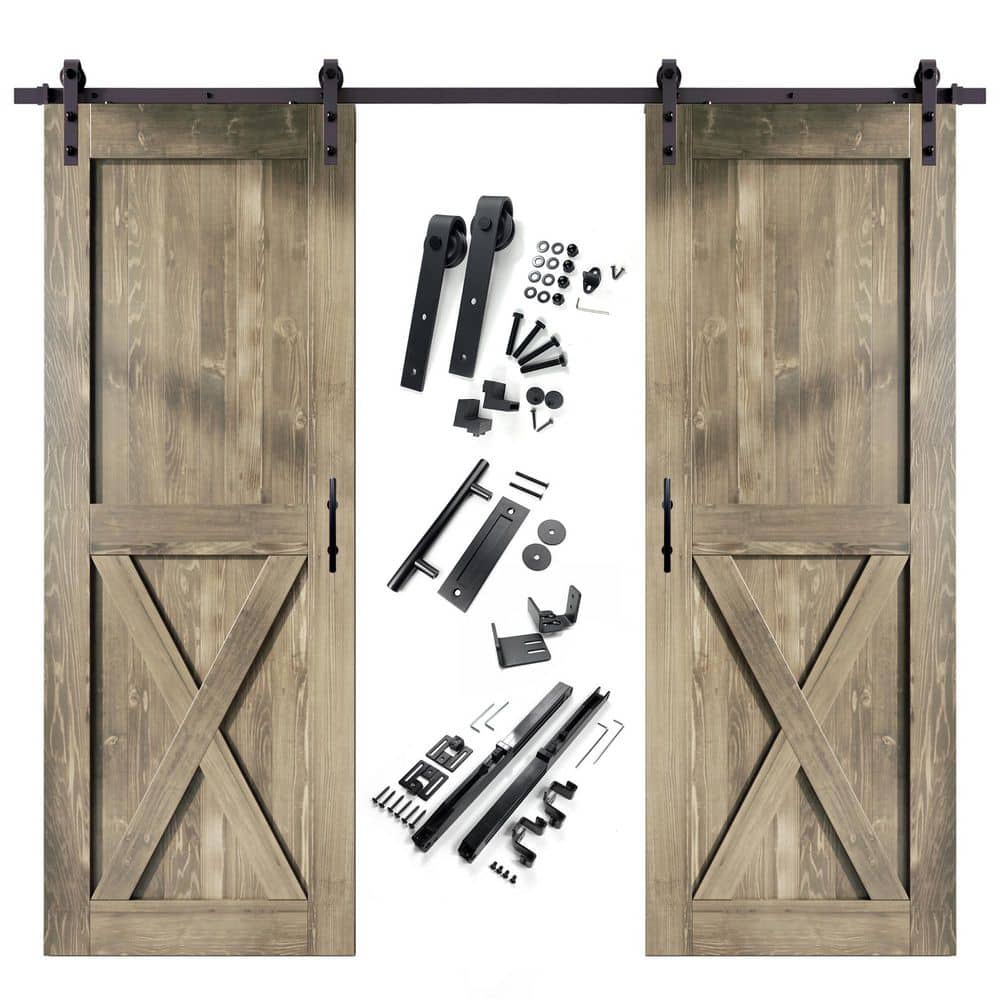 48 in. x 96 in. X-Frame Classic Gray Double Pine Wood Interior Sliding Barn Door with Hardware Kit, Non-Bypass price history on PriceWatchPro