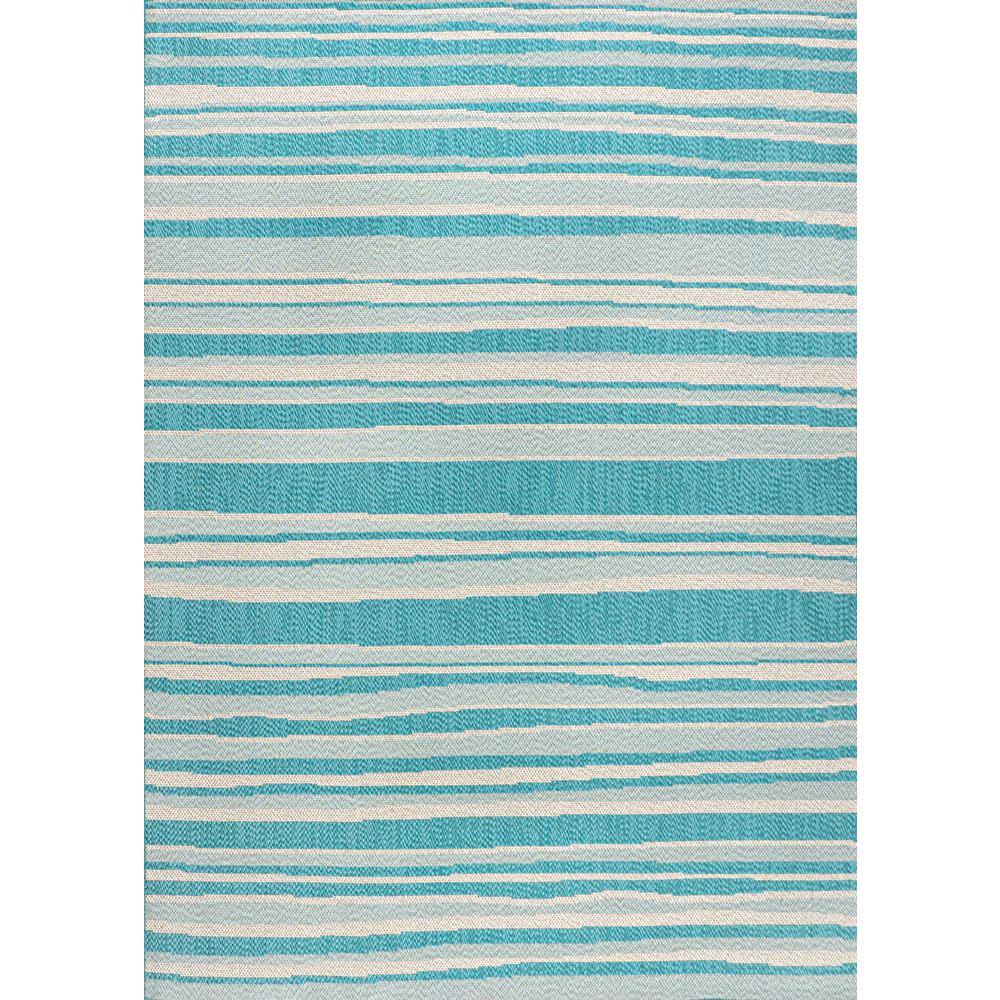 Aqua and Cream Stripe Synthetic 4' x 6' Indoor/Outdoor Rug