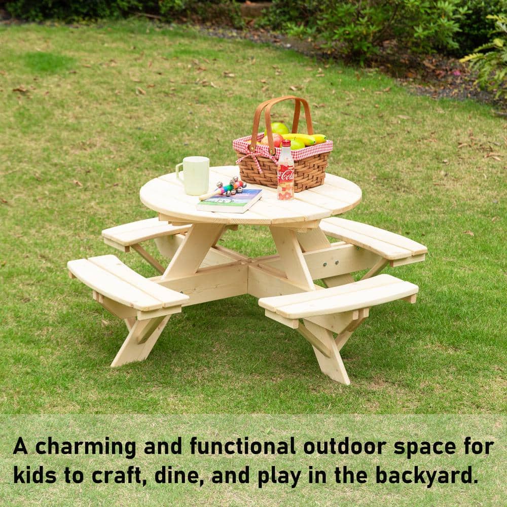Natural Wood Round Kids Picnic Table with Benches