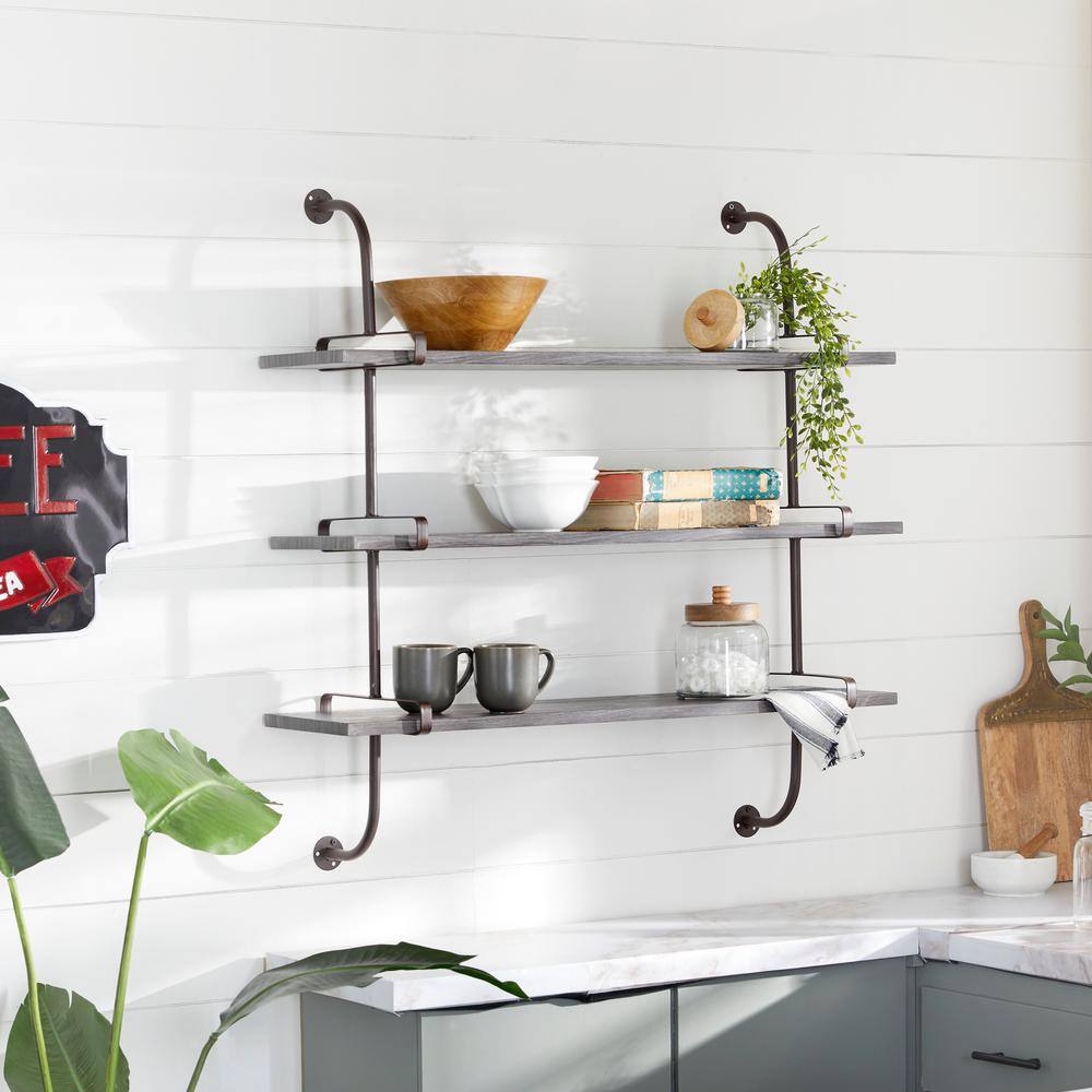Sleek Gray 38" Industrial Wood Floating Wall Shelf
