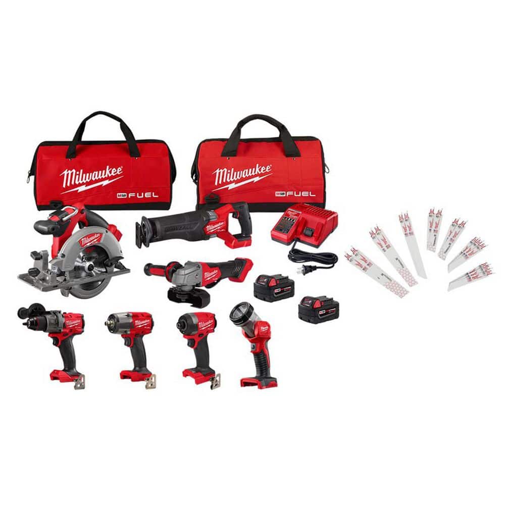 M18 FUEL 18V Lithium-Ion Cordless Combo Kit, Two Batteries, Charger, (7-Tool) & SAWZALL Blades (17 PC)