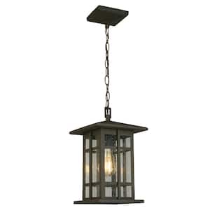 Arlington Creek 8.62 in. W x 14.02 in. H 1-Light Matte Bronze Outdoor Pendant Light with Clear Seeded Glass