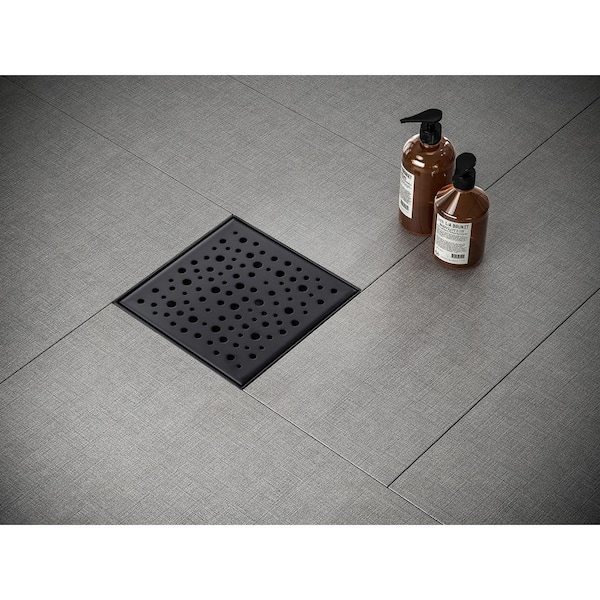 4 in. Square Stainless Steel Shower Drain with Rain Drop Pattern, Matte Black