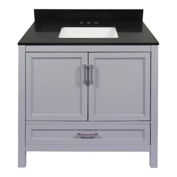 Amluxx Salerno 37 in. W x 22 in. D Bath Vanity in Grey with Quartz Stone Vanity Top w/ Backsplash in Galaxy Black