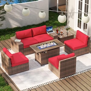 7-Piece Outdoor Fire Pit Patio Set, Patio Sectional Set with Fire Pit Table, Coffee Table, Red Cushions, Set Covers