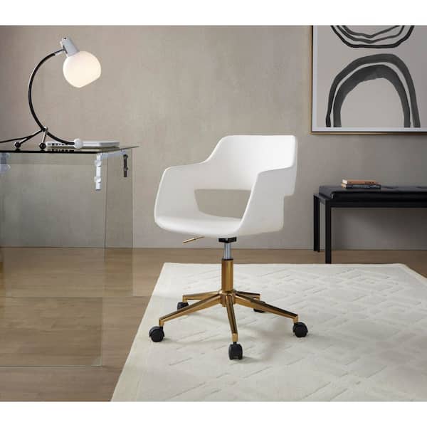 Margarite Faux Leather Adjustable Height Task Chair in White Faux Leather and Gold Metal with 5-Star Caster Base