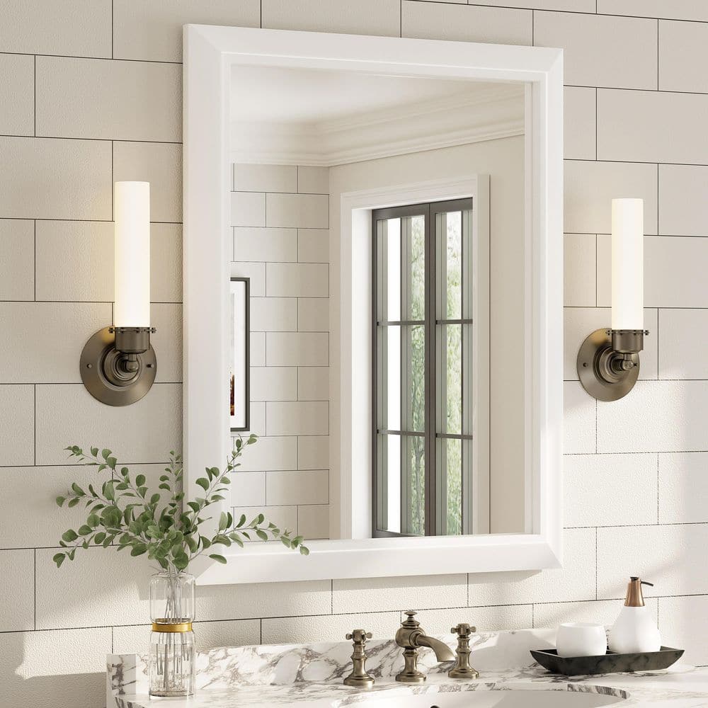 28 in. W x 36 in. H Rectangular Aluminum Alloy Framed and Tempered Glass Wall Bathroom Vanity Mirror in Matte White price history on PriceWatchPro