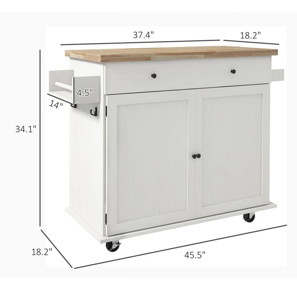 Distressed White Rubberwood Kitchen Cart with Spice Rack and Storage