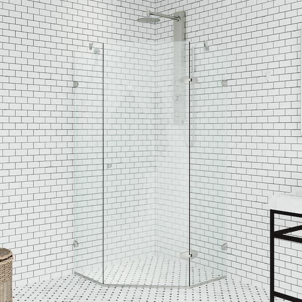VIGO Verona 36 in. L x 36 in. W x 73 in. H Frameless Pivot Neo-angle Shower Enclosure in Brushed Nickel with Clear Glass
