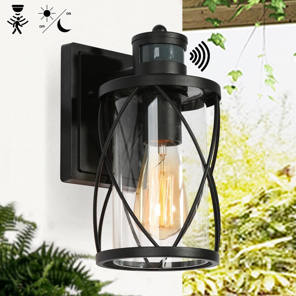 Modern Black Drum Outdoor Wall Light TORA 1-Light Motion Sensor Wall Lantern Sconce with Clear Glass Shade (1-Pack) price history on PriceWatchPro