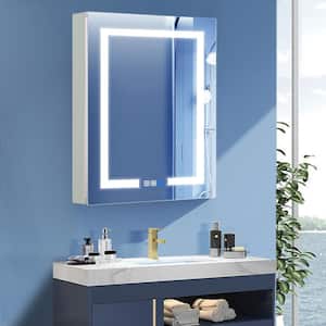 24 in. W x 30 in. H Silver Rectangular Recessed/Surface Mount Lighted Medicine Cabinet with Mirror, Dimming, Right Door