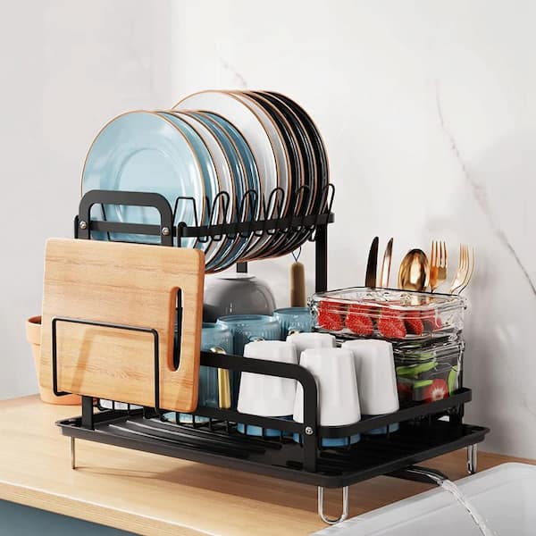 2-Tier Black Carbon Steel Kitchen Counter Space Saving Dish Rack with Detachable Drainboard and Rustproof