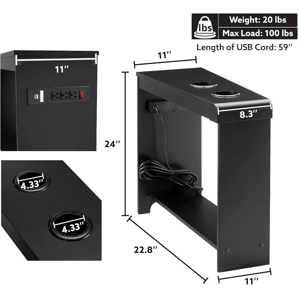 Black Wood 2-Drawer Nightstand with Charging Station