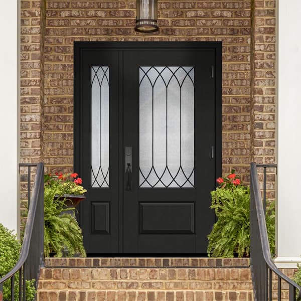 Regency 51 in. x 80 in. 3/4Lite Spire Decorative Glass LHOS Onyx Stain Mahogany Fiberglass Prehung Front Door w/12in.SL