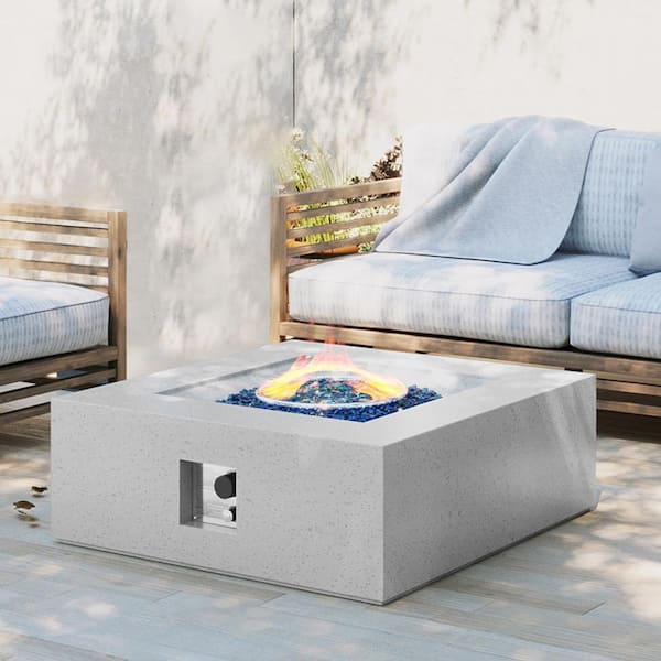 PATIO WATCHER 35 in. Square Terrazzo Outdoor Fire Pit Table with Blue Glass Stone and Rain Cover in Off-White