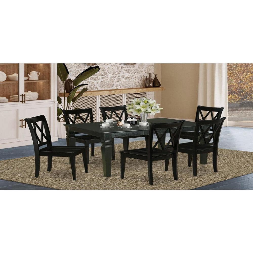 7-Piece Rectangle Black Finish Solid Wood Top Dining Table with 6-Chairs with Lattice Back