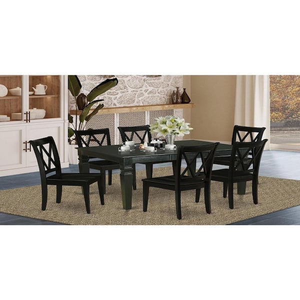 7-Piece Rectangle Black Finish Solid Wood Top Dining Table with 6-Chairs with Lattice Back