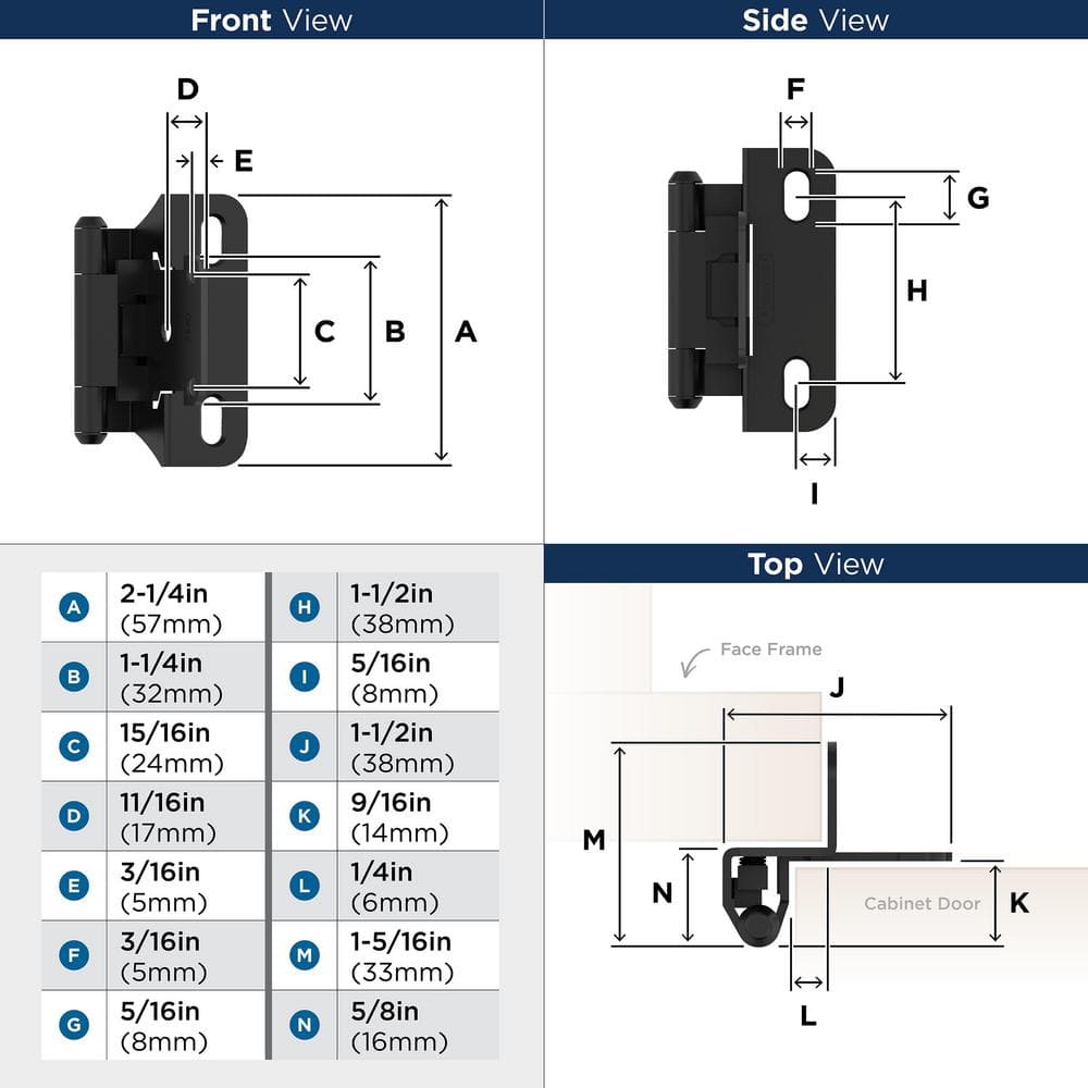 Matte Black 1/4 Inch Overlay Self-Closing Cabinet Hinge