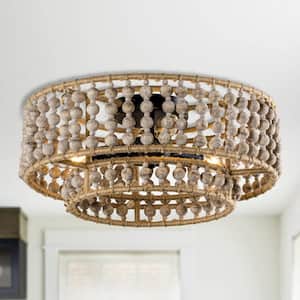 15.75 in. 3-Light Boho Distressed White Wood Beaded Tiered Flush Mount Ceiling Light for Hallway and Bedroom