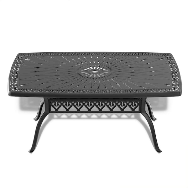 ToolCat 63.78 in. Cast Aluminum Rectangle Patio Outdoor Dining Table with Black Frame and Umbrella Hole
