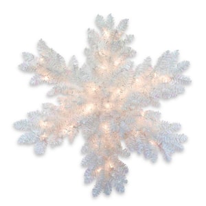 32 in. White Iridescent Tinsel Artificial Snowflake with Battery Operated Warm White LED Lights