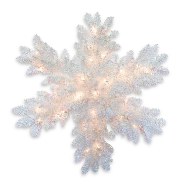 National Tree Company 32 in. White Iridescent Tinsel Artificial Snowflake with Battery Operated Warm White LED Lights