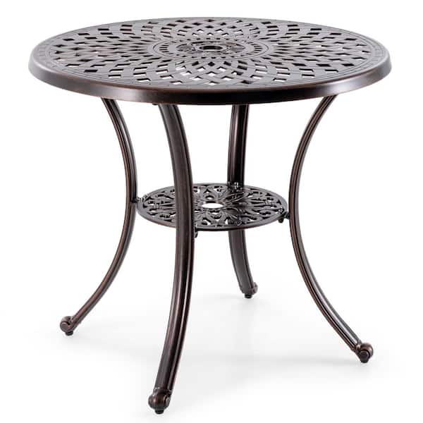 ANGELES HOME 31 in. Patio Cast Aluminum Table Round Table with Umbrella Hole