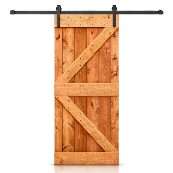 CALHOME Distressed K Series 42 in. x 84 in. Red Walnut Stained DIY Wood Interior Sliding Barn Door with Hardware Kit