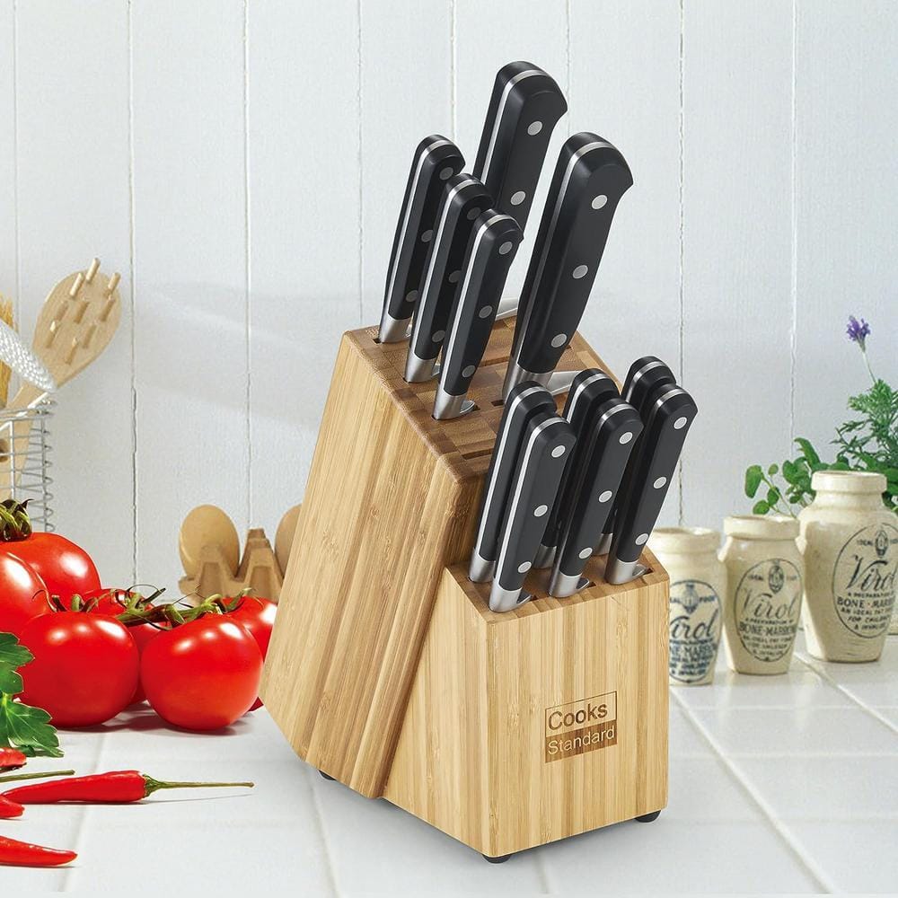 Cooks Standard Kitchen Knife Set with Block 12-Piece, Stainless Steel Forge High Carbon German Blade with Expandable Bamboo Storage Block for Extra Slots, Black - Thumbnail 2