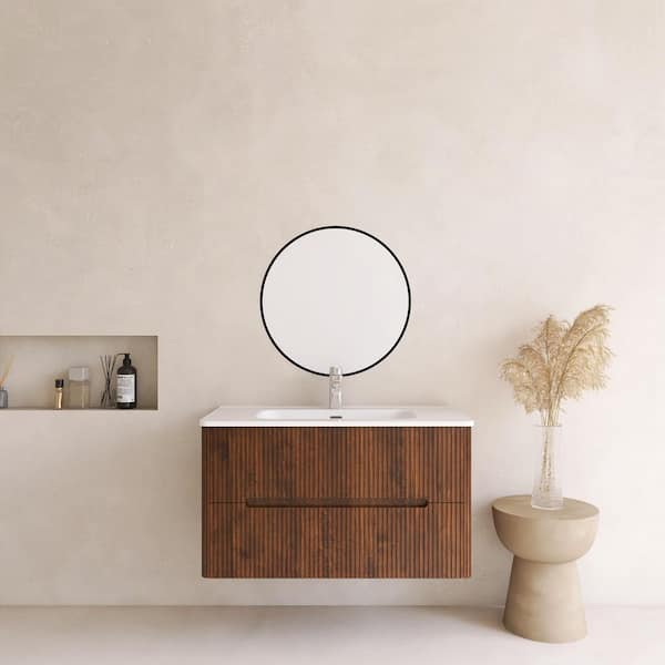 36 in. Single Sink Wall-Mounted Walnut Bath Vanity with White Ceramic Top