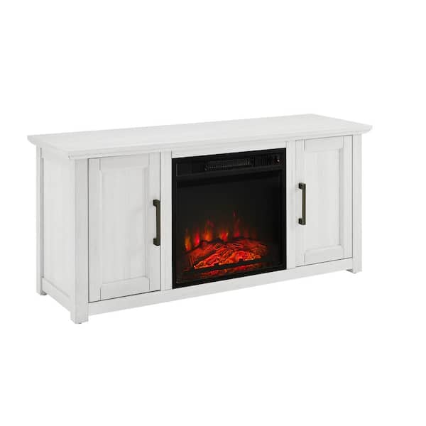 CROSLEY FURNITURE Camden Whitewash 48 in. Low Profile TV Stand with Fireplace Fits 50 in. TV with Cable Management