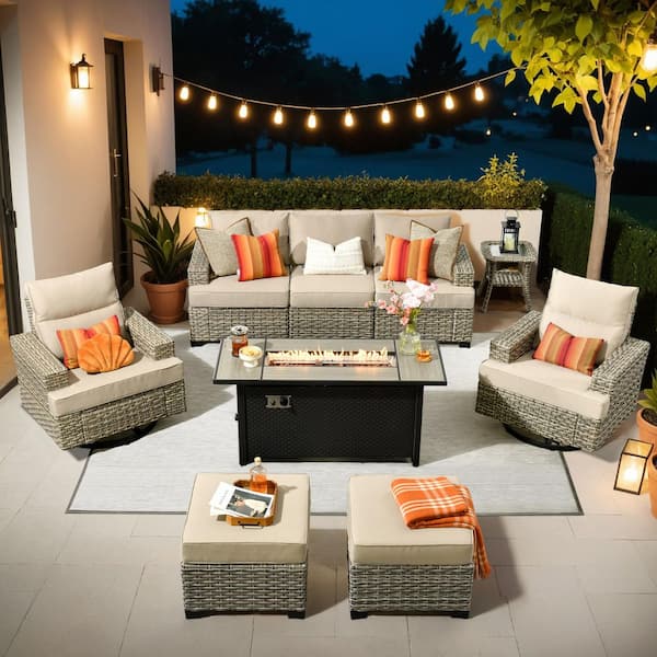 XIZZI Opul 9-Piece Wicker Rectangular Fire Pit Sets and Swivel Rocking Chairs with Beige Cushion