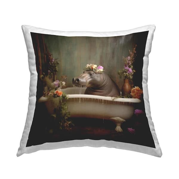 Floral Bathing Hippo Brown Print Polyester 18 in. x 18 in. Throw Pillow