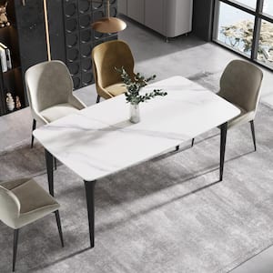 63 in. Rectangle White and Black Modern and Minimalist Stone Top Dining Table with Black Metal Frame (Seats 4-6)