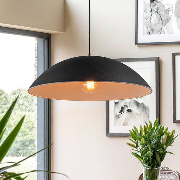 Detroit 23.6 in. 1-Light Black Single Pendant Light With Dome Metal Shade for Dining Room Kitchen Island