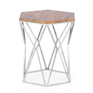 Luoma 20.75 in. Hexagon Walnut and Polished Wood Nickel Geometric Side Table