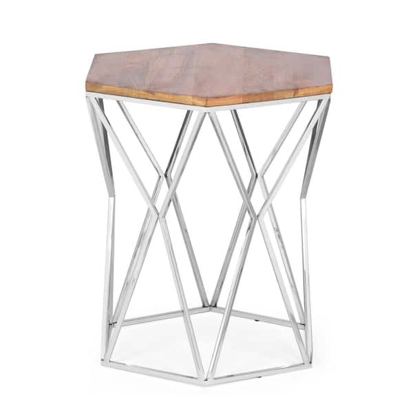 Noble House Luoma 20.75 in. Hexagon Walnut and Polished Wood Nickel Geometric Side Table