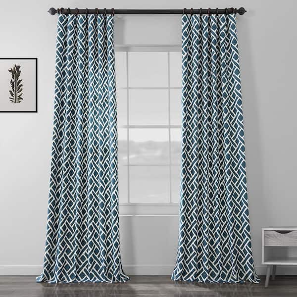 Exclusive Fabrics & Furnishings Martinique Blue Printed Room Darkening Curtain - 50 in. W x 108 in. L Rod Pocket with Back Tab Single Window Panel
