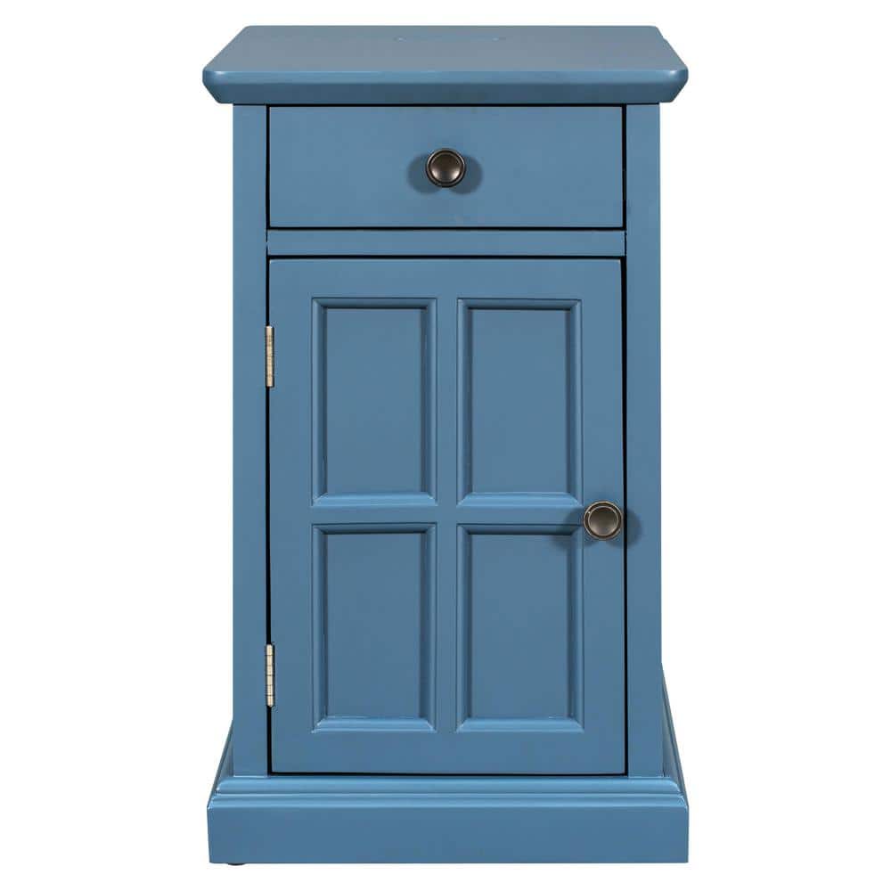 Antique Navy Wood Outdoor Side Table, End Table with USB Ports and 1-Multif